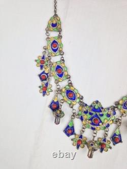 Ancient Kabyle Berber Necklace in Solid Silver with Blue, Green, and Yellow Enamel from Africa