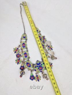 Ancient Kabyle Berber Necklace in Solid Silver with Blue, Green, and Yellow Enamel from Africa
