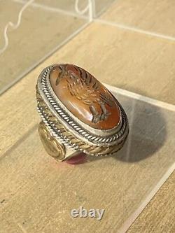 Ancient Large Afghan Ring, 19th-20th Century, Solid Silver, Agate, Bird Intaglio