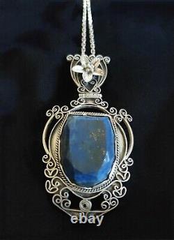 Ancient Large Pendant / Articulated Bodice Ornament / 925 Silver and Lapis Lazuli