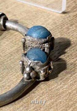 Ancient Omega Viking Fibula In Massive Silver (ix-xi Century) + 2 Blue Stones