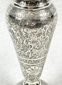 Ancient Oriental Vase with Flying Edges, Featuring Animated and Floral Decorations in Solid Silver