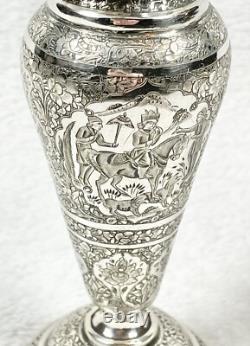 Ancient Oriental Vase with Flying Edges, Featuring Animated and Floral Decorations in Solid Silver