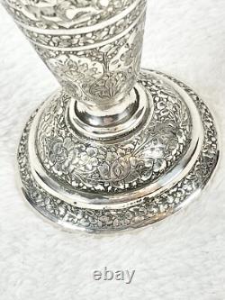 Ancient Oriental Vase with Flying Edges, Featuring Animated and Floral Decorations in Solid Silver