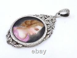 Ancient Pendant In Solid Silver Miniature Painting On 19th Empire Porcelain