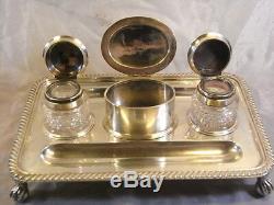 Ancient Record Silver Silver Office English Written Crystal Inkwell Silver 19é