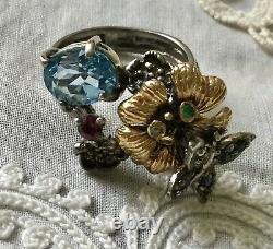 Ancient Ring Butterfly Topaz Sapphire Natural Emerald Silver Gold