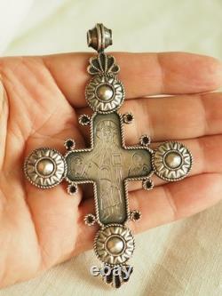 Ancient Russian Orthodox Cross Pendant, Solid Silver, Antique Silver Russian Cross
