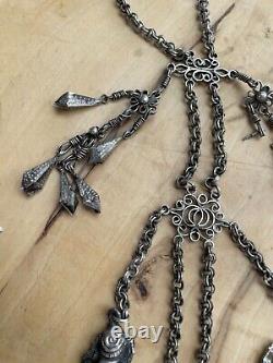 Ancient Silver Russian Oriental Turkmen Ethnic Chatelaine Necklace Jewelry