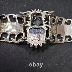Ancient Silver Sodalite Blue Cuff Bracelet 19cm Carved Aztec God Head