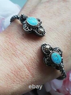 Ancient Solid Silver 925 Bracelet with Turquoise Engraved Creator Bangle