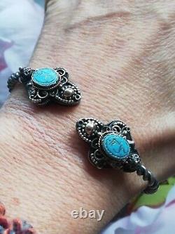 Ancient Solid Silver 925 Bracelet with Turquoise Engraved Creator Bangle