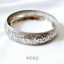 Ancient Solid Silver Bangle with Flower and Foliage Design Diameter 65mm Width