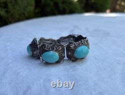 Ancient Solid Silver Turquoise Bracelet, China/Chinese/Asian/Antique