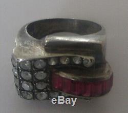 Ancient Tank Ring In Silver Solid Garnet 1925 Art Deco Size 49