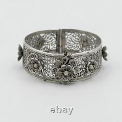 Ancient cuff bracelet, flowers, solid silver filigree, Tunisia, 20th Century