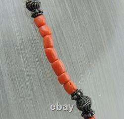 Ancient necklace in coral and solid silver, natural coral, Morocco, ethnic