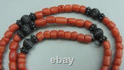 Ancient necklace in coral and solid silver, natural coral, Morocco, ethnic
