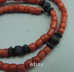 Ancient necklace in coral and solid silver, natural coral, Morocco, ethnic