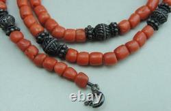 Ancient necklace in coral and solid silver, natural coral, Morocco, ethnic
