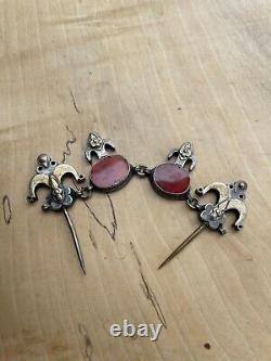 Ancient solid silver fibula jewelry with oriental Russian Turkmen ethnic carnelian
