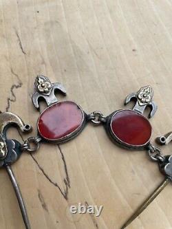 Ancient solid silver fibula jewelry with oriental Russian Turkmen ethnic carnelian