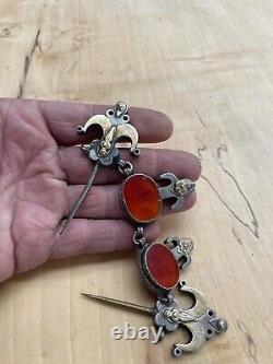 Ancient solid silver fibula jewelry with oriental Russian Turkmen ethnic carnelian