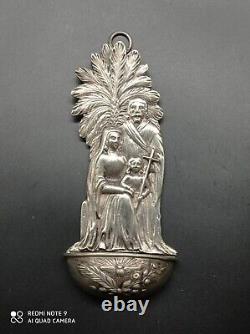 Ancient solid silver holy water font, Jesus, Mary, Joseph, religious, stamped