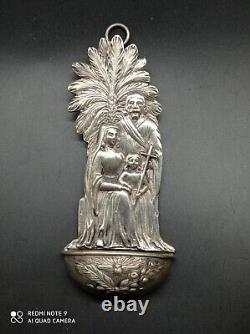 Ancient solid silver holy water font, Jesus, Mary, Joseph, religious, stamped
