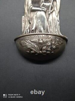 Ancient solid silver holy water font, Jesus, Mary, Joseph, religious, stamped