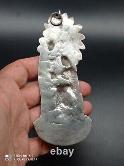 Ancient solid silver holy water font, Jesus, Mary, Joseph, religious, stamped