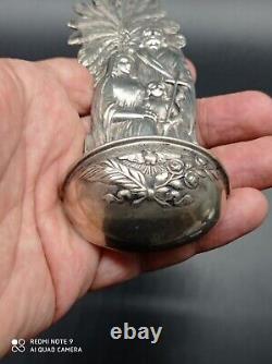Ancient solid silver holy water font, Jesus, Mary, Joseph, religious, stamped
