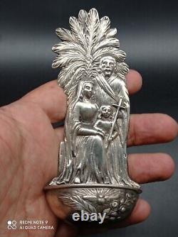 Ancient solid silver holy water font, Jesus, Mary, Joseph, religious, stamped