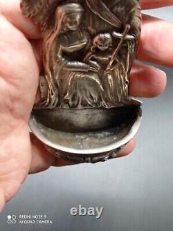 Ancient solid silver holy water font, Jesus, Mary, Joseph, religious, stamped