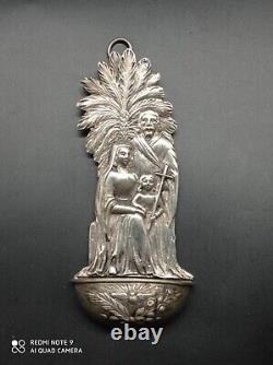 Ancient solid silver holy water font, Jesus, Mary, Joseph, religious, stamped