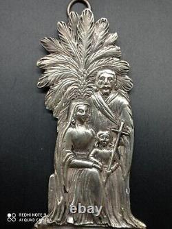 Ancient solid silver holy water font, Jesus, Mary, Joseph, religious, stamped