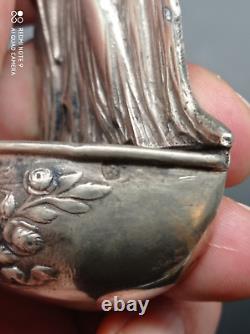 Ancient solid silver holy water font, Jesus, Mary, Joseph, religious, stamped
