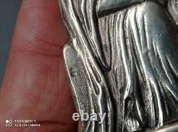 Ancient solid silver holy water font, Jesus, Mary, Joseph, religious, stamped
