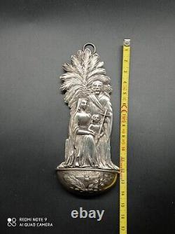 Ancient solid silver holy water font, Jesus, Mary, Joseph, religious, stamped