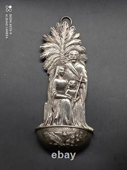 Ancient solid silver holy water font, Jesus, Mary, Joseph, religious, stamped