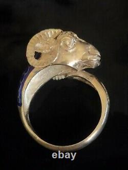 Ancient/vintage Ring Imposing Aries Head - Silver And Enamel'blue Egyptian
