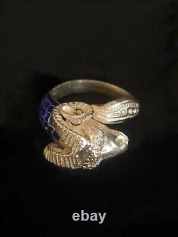 Ancient/vintage Ring Imposing Aries Head - Silver And Enamel'blue Egyptian