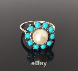 Antique 1920 Turquoises Real Pearl Ring From Sterling Silver Ttd50