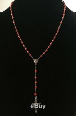Antique 19th Century Rosary In Sterling Silver With Faceted Coral, Rosary