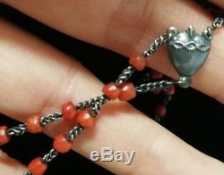 Antique 19th Century Rosary In Sterling Silver With Faceted Coral, Rosary