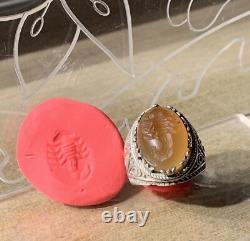 Antique Afghan Ring, 20th Century, Solid Silver, Carnelian, Intaglio Scorpion