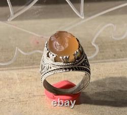 Antique Afghan Ring, 20th Century, Solid Silver, Carnelian, Intaglio Scorpion