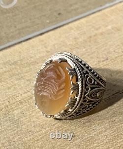 Antique Afghan Ring, 20th Century, Solid Silver, Carnelian, Intaglio Scorpion