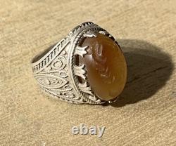 Antique Afghan Ring, 20th Century, Solid Silver, Carnelian, Intaglio Scorpion