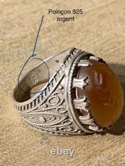 Antique Afghan Ring, 20th Century, Solid Silver, Carnelian, Intaglio Scorpion
